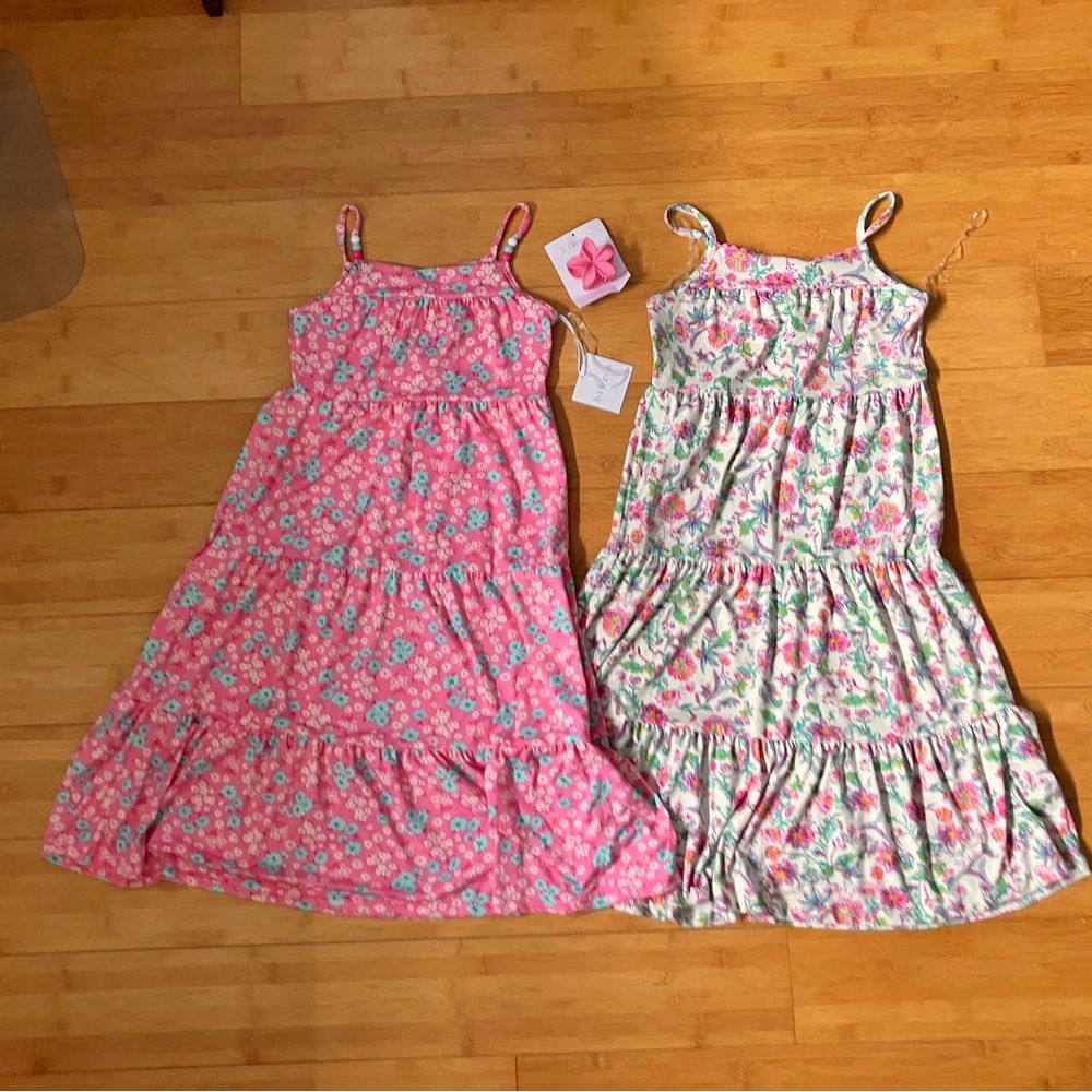 NWT Girls Size 7 Patterned Pink & White 2 Pack Maxi Dresses Summer Dress